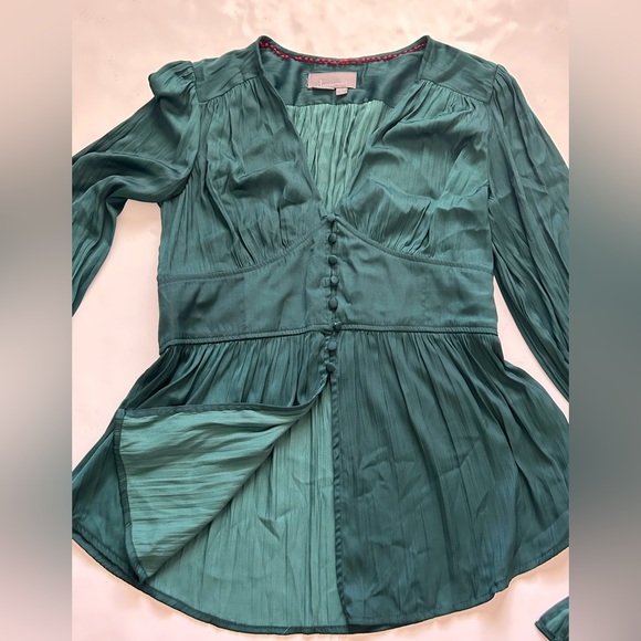 By Anthropologie Deep-V Tunic Button Down Top Green Satin Color Sz. M - Picture 9 of 12